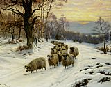Winter Canvas Paintings - A Shepherd and his Flock on a Path in Winter